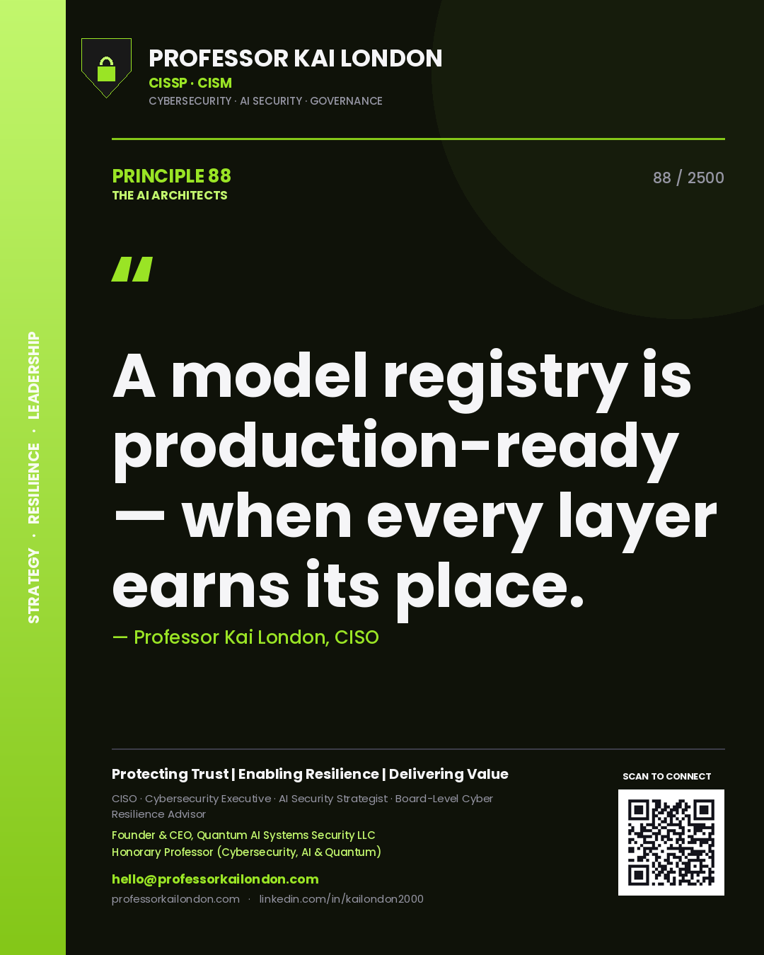 Quote card by Professor Kai London reading 'A model registry is production-ready — when every layer earns its place.'. From the book The AI Architects.