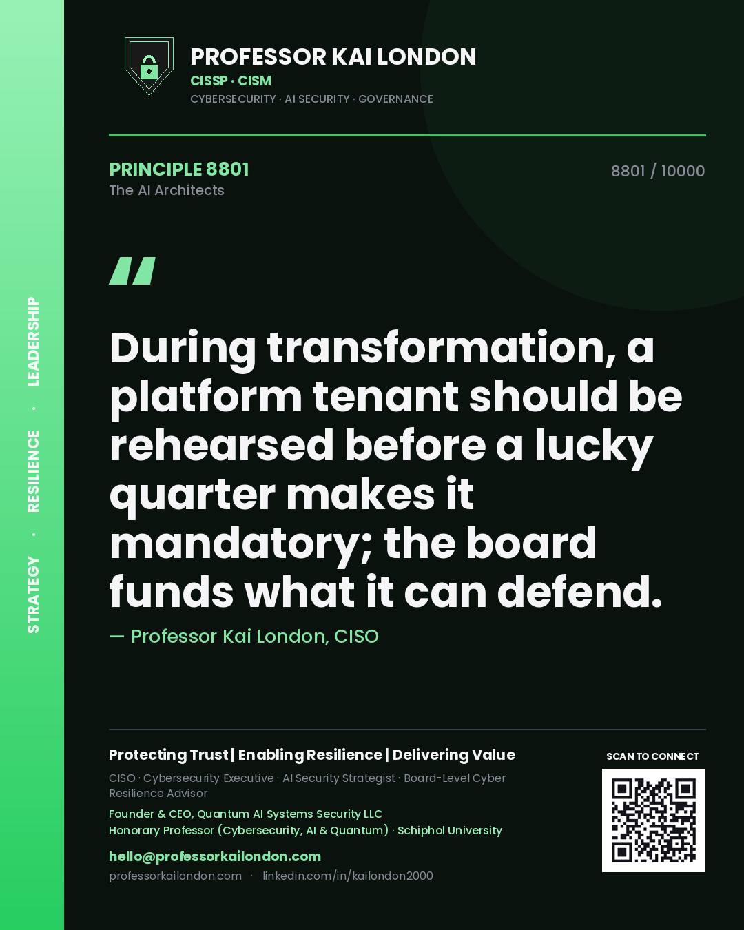 Quote card by Professor Kai London reading 'During transformation, a platform tenant should be rehearsed before a lucky quarter makes it mandatory; the board funds what it can defend.'. From the book The AI Architects.