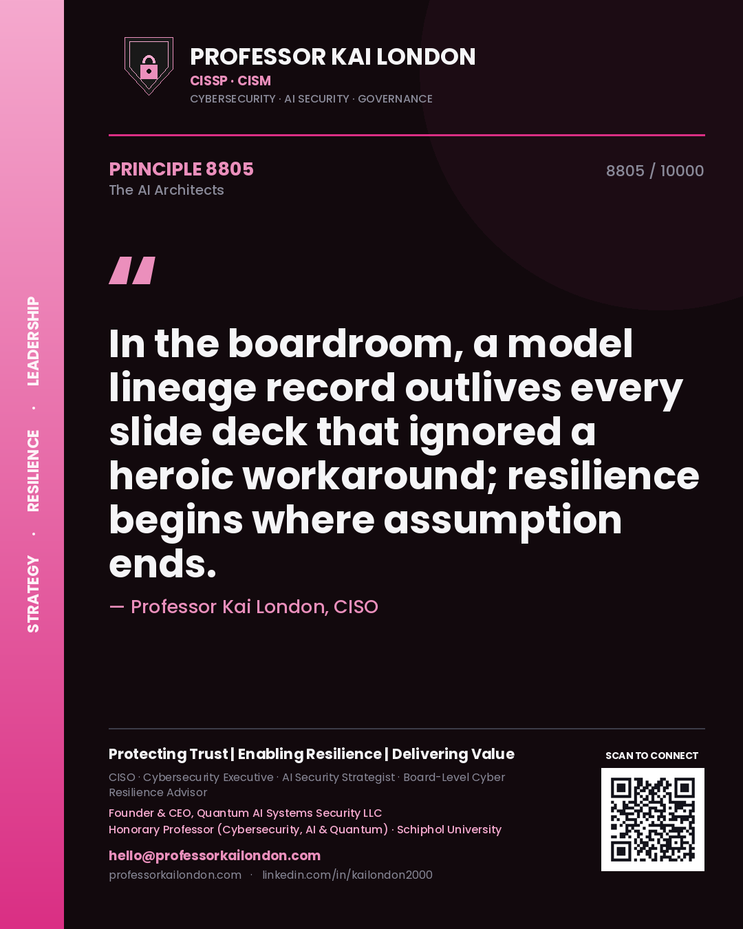 Professor Kai London principle 8805: In the boardroom, a model lineage record outlives every slide deck that ignored a heroic workaround; resilience begins where assumption ends.