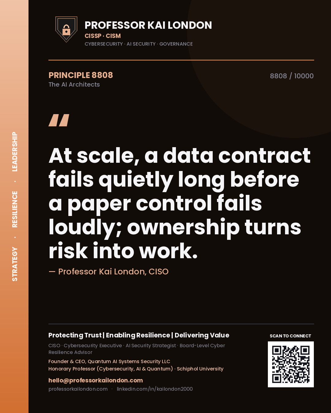 Professor Kai London principle 8808: At scale, a data contract fails quietly long before a paper control fails loudly; ownership turns risk into work.