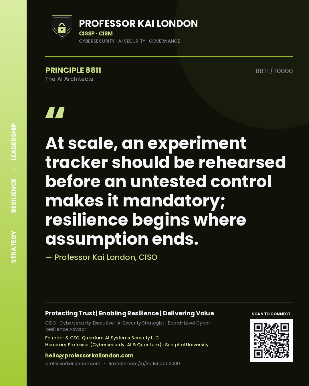 Quote card by Professor Kai London reading 'At scale, an experiment tracker should be rehearsed before an untested control makes it mandatory; resilience begins where assumption ends.'. From the book The AI Architects.