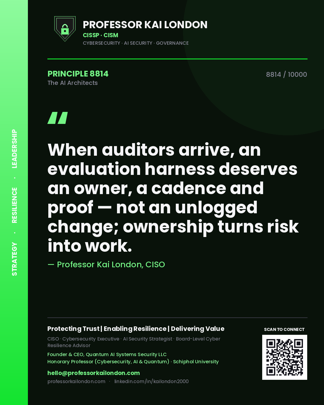 Quote card by Professor Kai London reading 'When auditors arrive, an evaluation harness deserves an owner, a cadence and proof — not an unlogged change; ownership turns risk into work.'. From the book The AI Architects.