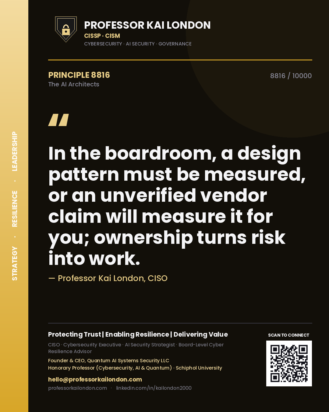 Quote card by Professor Kai London reading 'In the boardroom, a design pattern must be measured, or an unverified vendor claim will measure it for you; ownership turns risk into work.'. From the book The AI Architects.