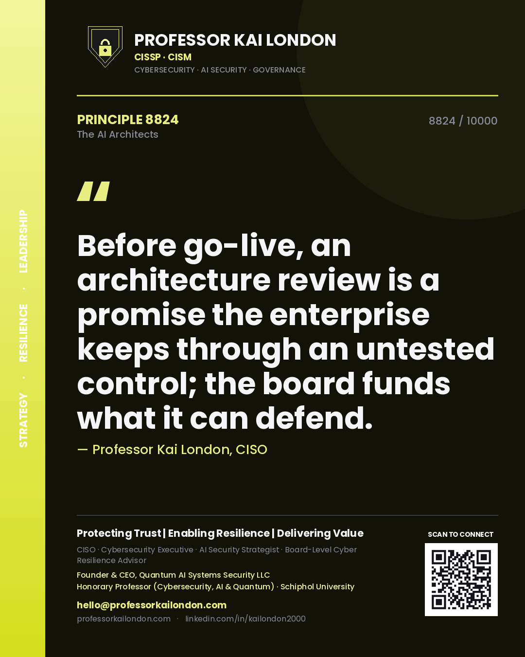 Quote card by Professor Kai London reading 'Before go-live, an architecture review is a promise the enterprise keeps through an untested control; the board funds what it can defend.'. From the book The AI Architects.