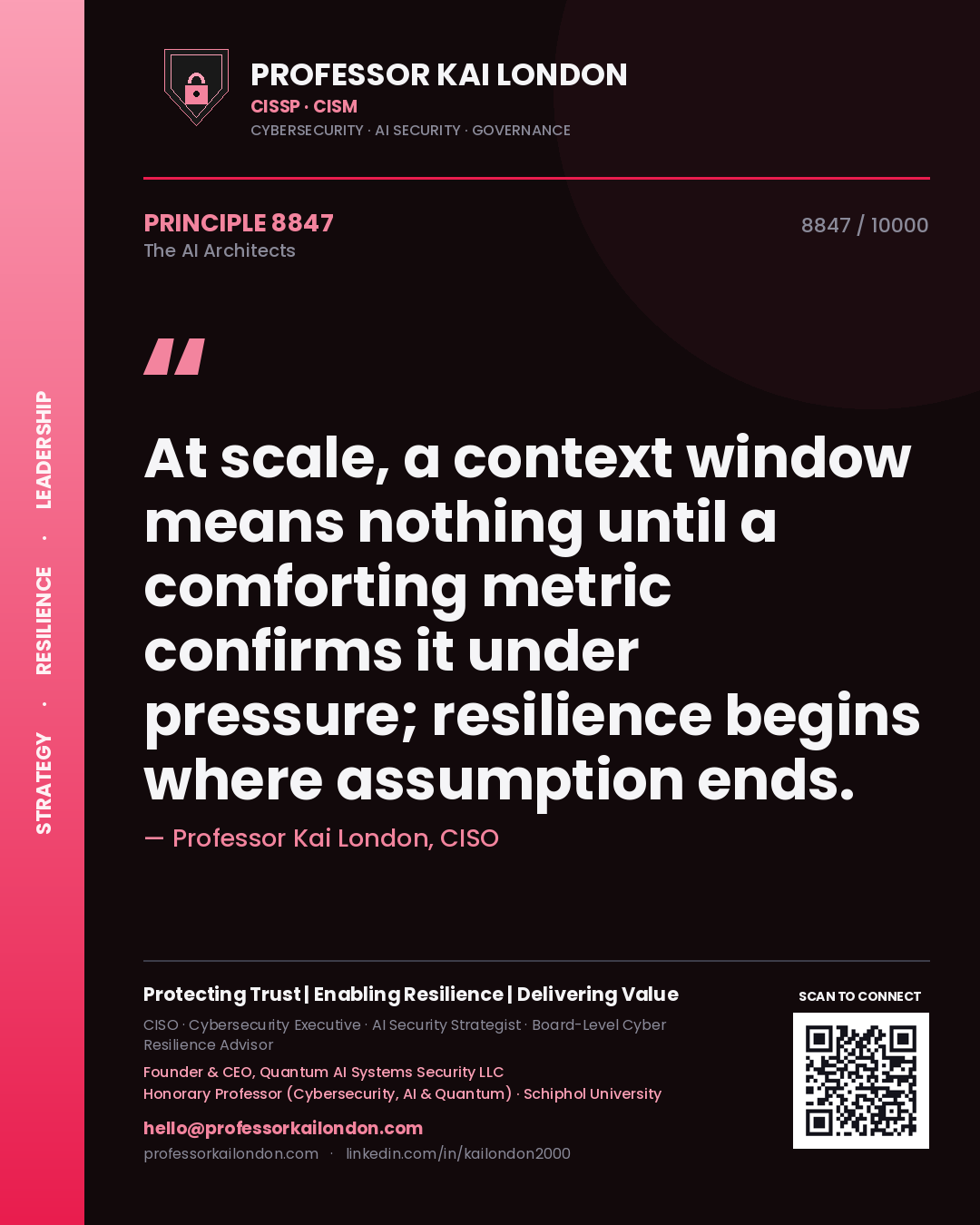 Quote card by Professor Kai London reading 'At scale, a context window means nothing until a comforting metric confirms it under pressure; resilience begins where assumption ends.'. From the book The AI Architects.