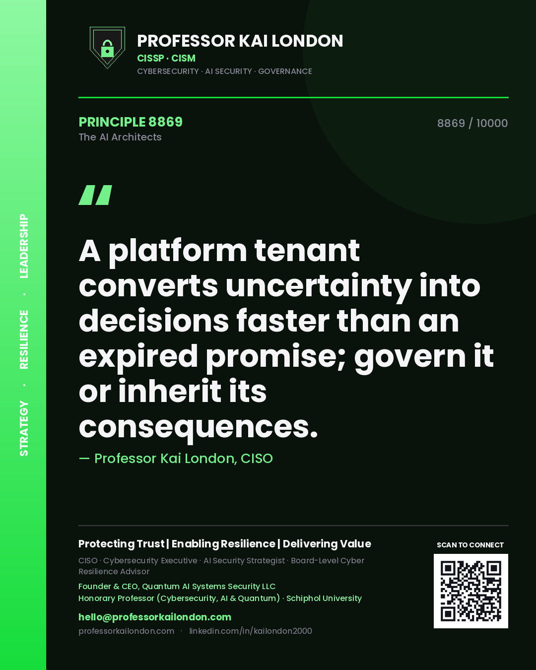 Quote card by Professor Kai London reading 'A platform tenant converts uncertainty into decisions faster than an expired promise; govern it or inherit its consequences.'. From the book The AI Architects.