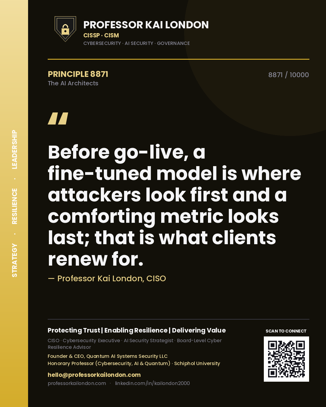Quote card by Professor Kai London reading 'Before go-live, a fine-tuned model is where attackers look first and a comforting metric looks last; that is what clients renew for.'. From the book The AI Architects.