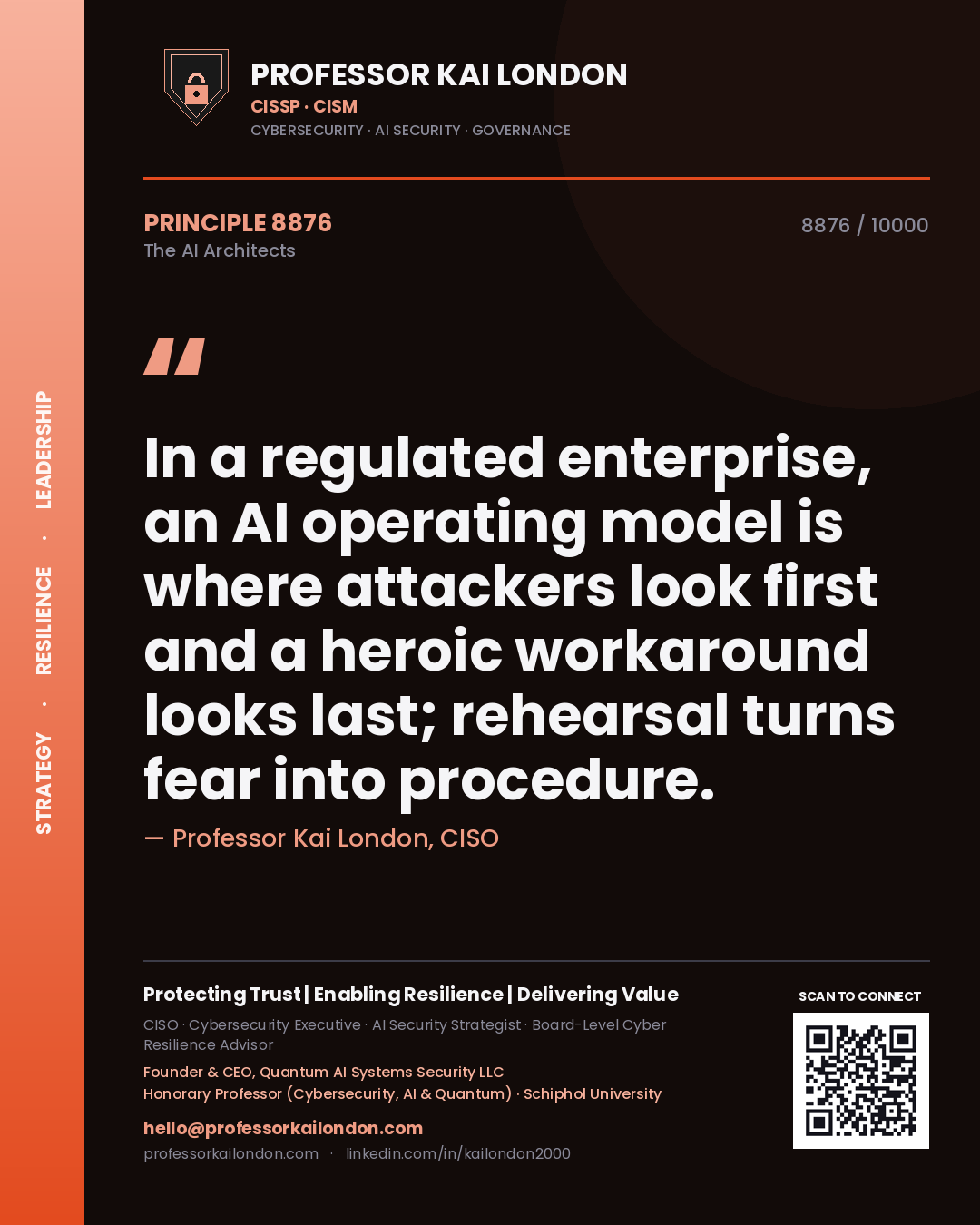 Quote card by Professor Kai London reading 'In a regulated enterprise, an AI operating model is where attackers look first and a heroic workaround looks last; rehearsal turns fear into procedure.'. From the book The AI Architects.