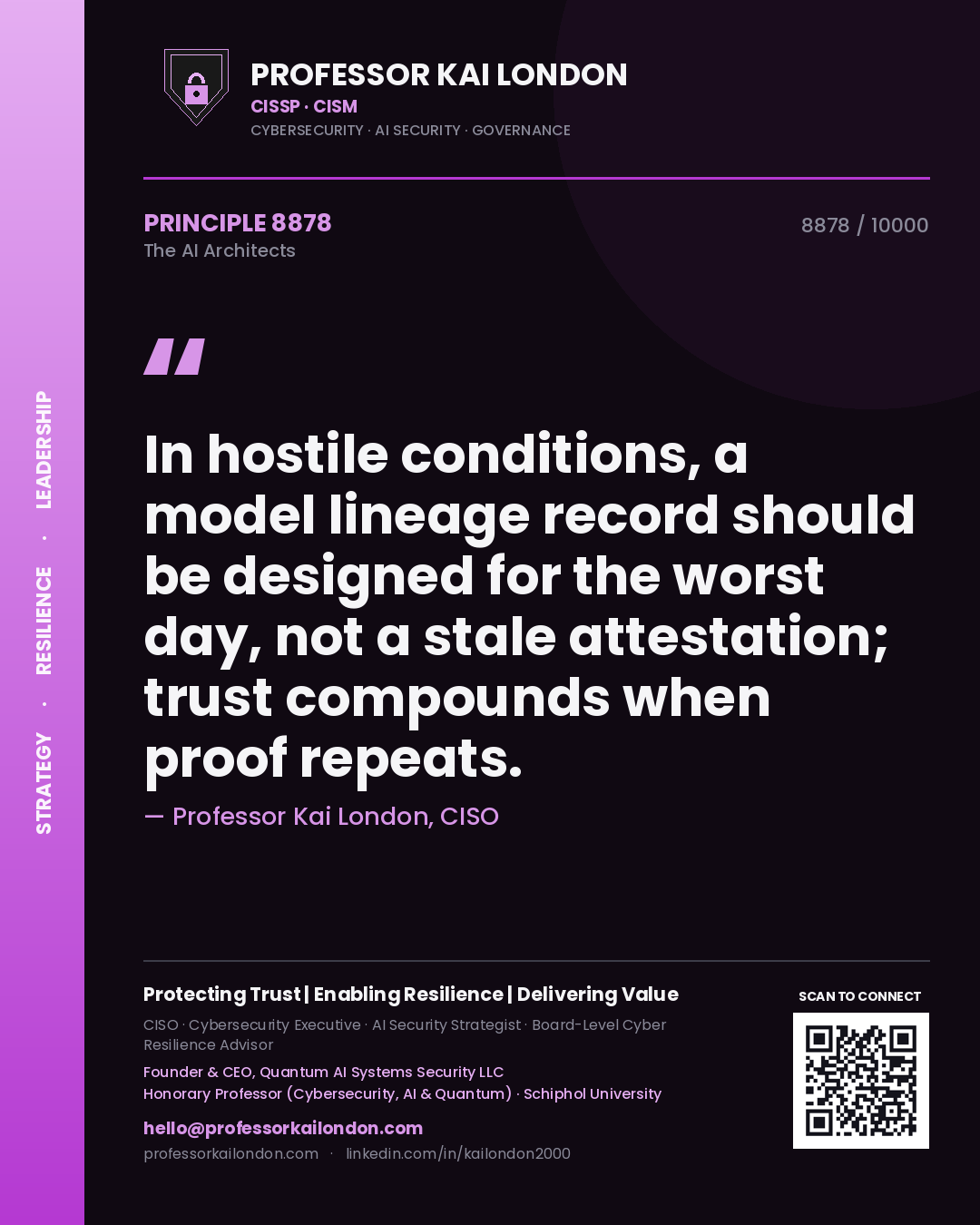 Quote card by Professor Kai London reading 'In hostile conditions, a model lineage record should be designed for the worst day, not a stale attestation; trust compounds when proof repeats.'. From the book The AI Architects.