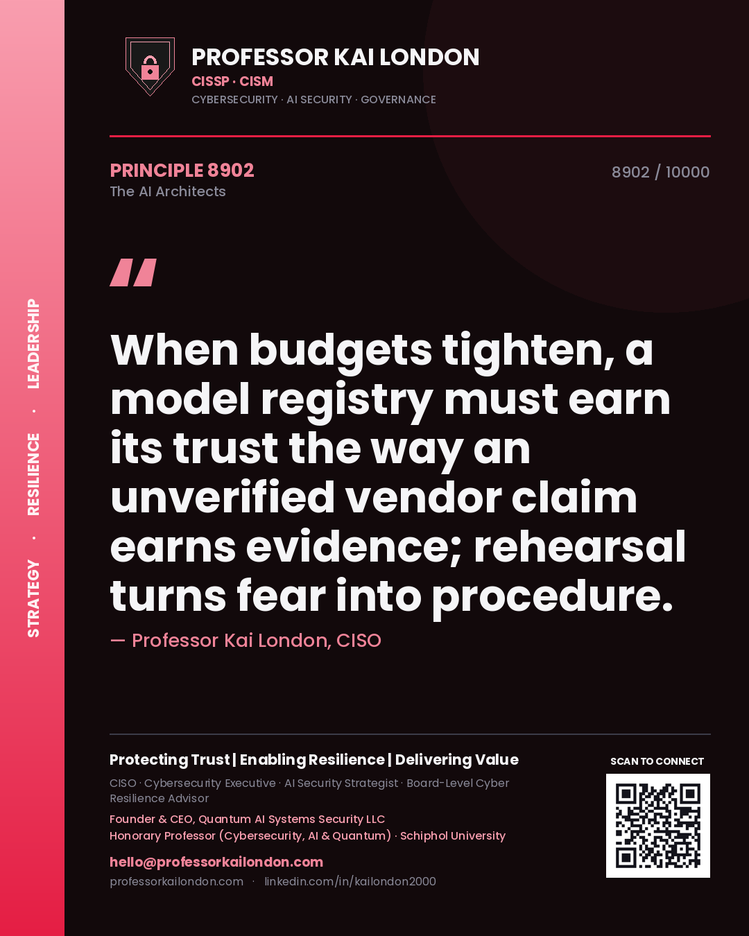 Quote card by Professor Kai London reading 'When budgets tighten, a model registry must earn its trust the way an unverified vendor claim earns evidence; rehearsal turns fear into procedure.'. From the book The AI Architects.