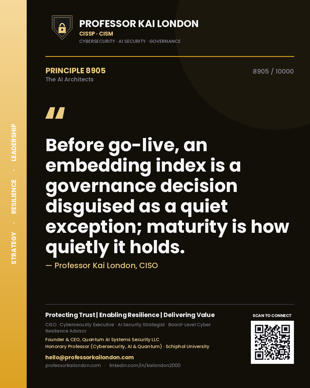 Quote card by Professor Kai London reading 'Before go-live, an embedding index is a governance decision disguised as a quiet exception; maturity is how quietly it holds.'. From the book The AI Architects.