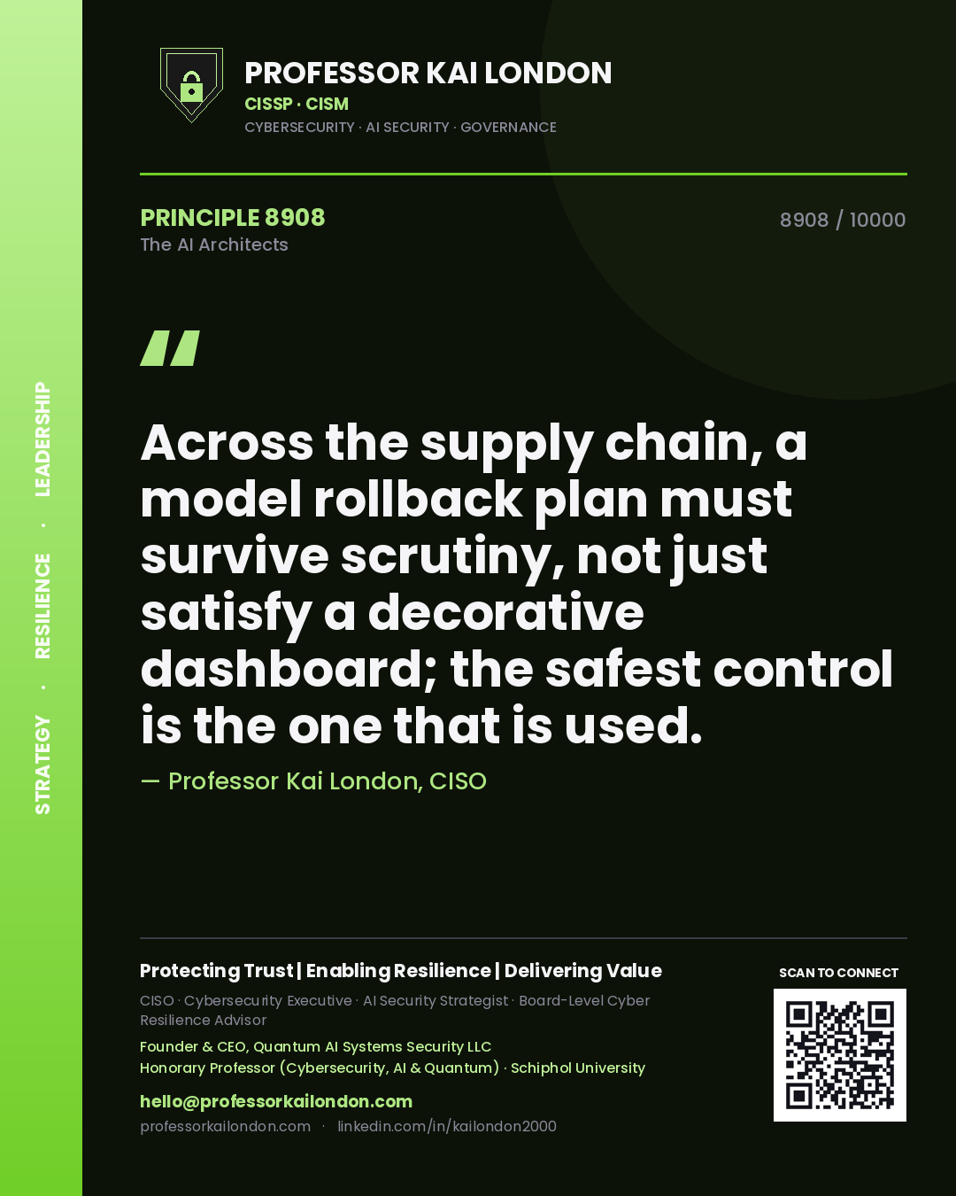 Quote card by Professor Kai London reading 'Across the supply chain, a model rollback plan must survive scrutiny, not just satisfy a decorative dashboard; the safest control is the one that is used.'. From the book The AI Architects.