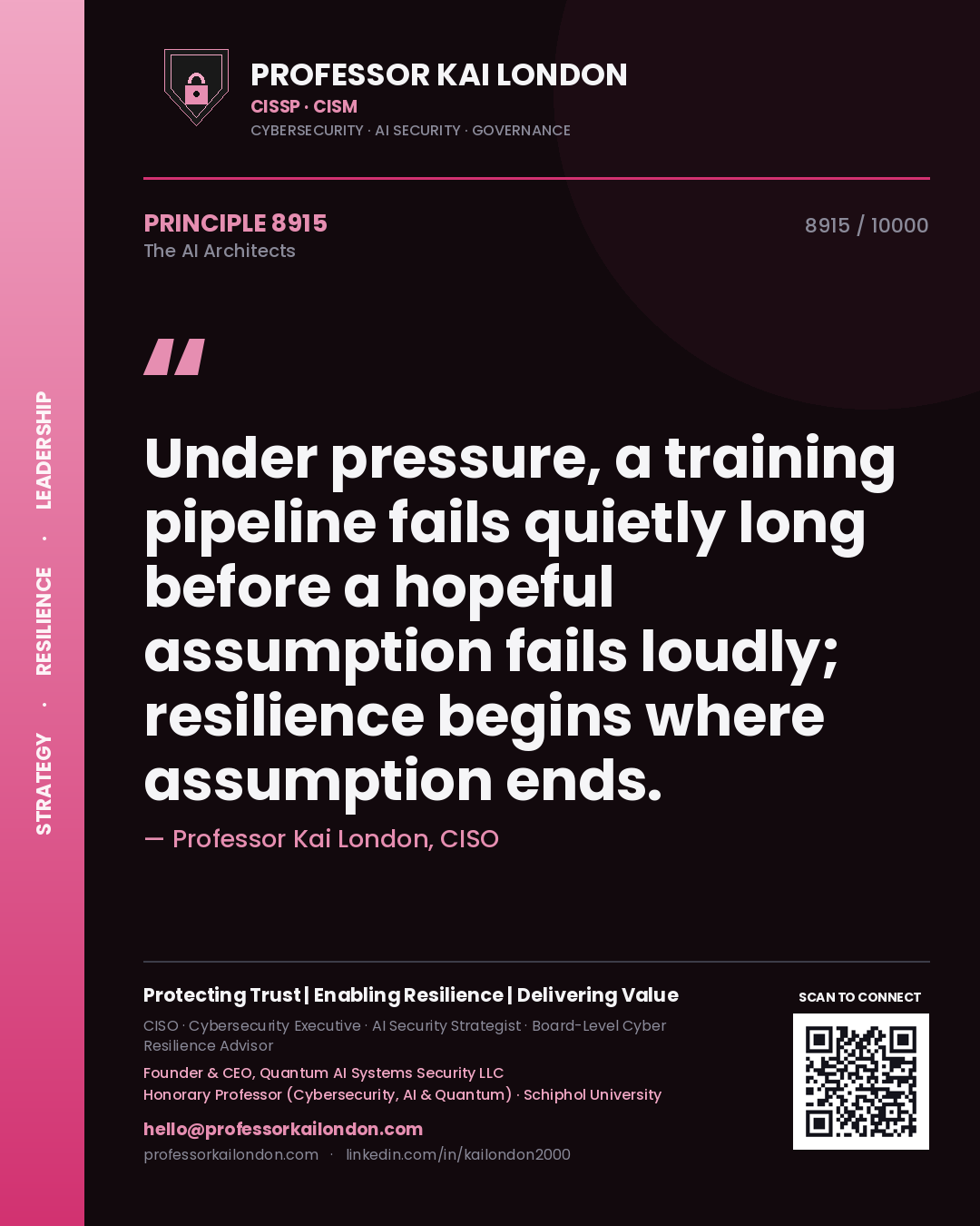Quote card by Professor Kai London reading 'Under pressure, a training pipeline fails quietly long before a hopeful assumption fails loudly; resilience begins where assumption ends.'. From the book The AI Architects.