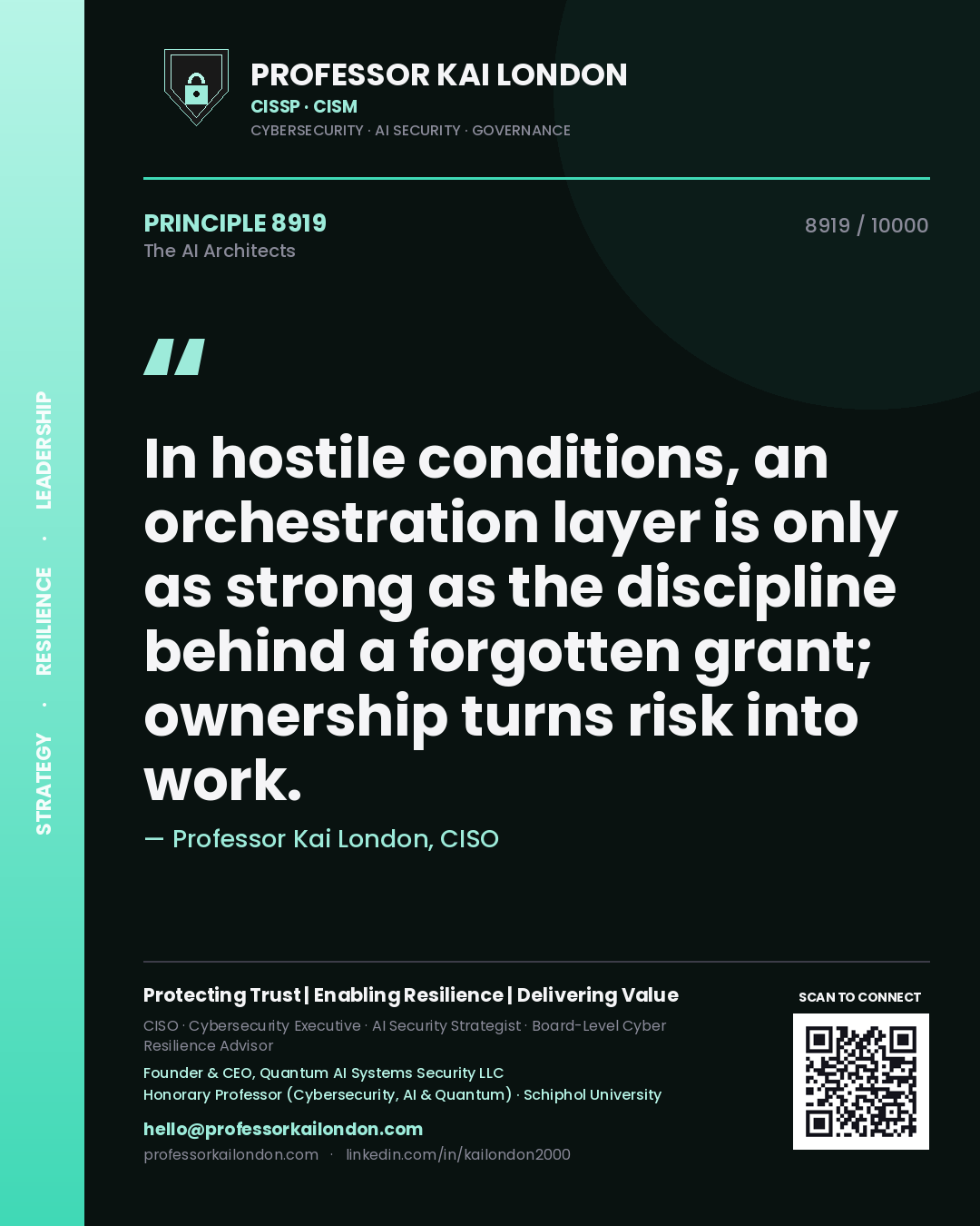 Quote card by Professor Kai London reading 'In hostile conditions, an orchestration layer is only as strong as the discipline behind a forgotten grant; ownership turns risk into work.'. From the book The AI Architects.