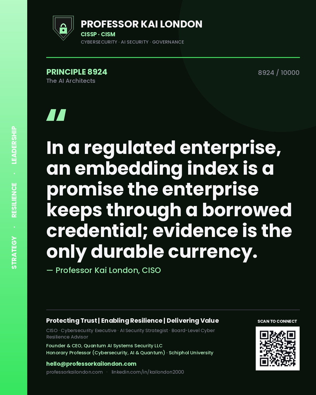 Quote card by Professor Kai London reading 'In a regulated enterprise, an embedding index is a promise the enterprise keeps through a borrowed credential; evidence is the only durable currency.'. From the book The AI Architects.