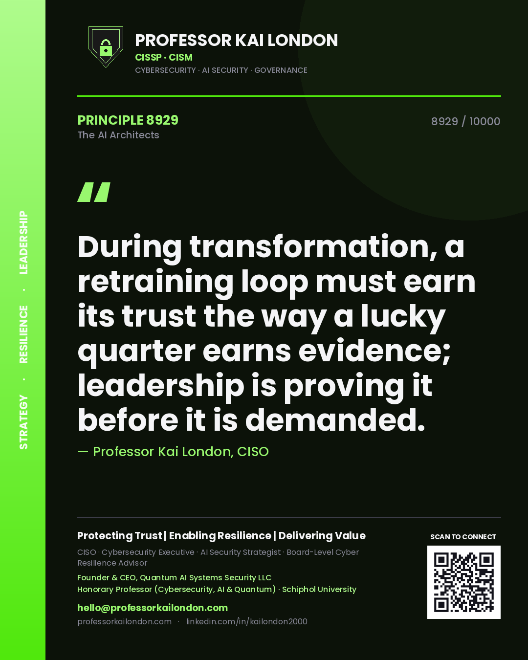 Quote card by Professor Kai London reading 'During transformation, a retraining loop must earn its trust the way a lucky quarter earns evidence; leadership is proving it before it is demanded.'. From the book The AI Architects.