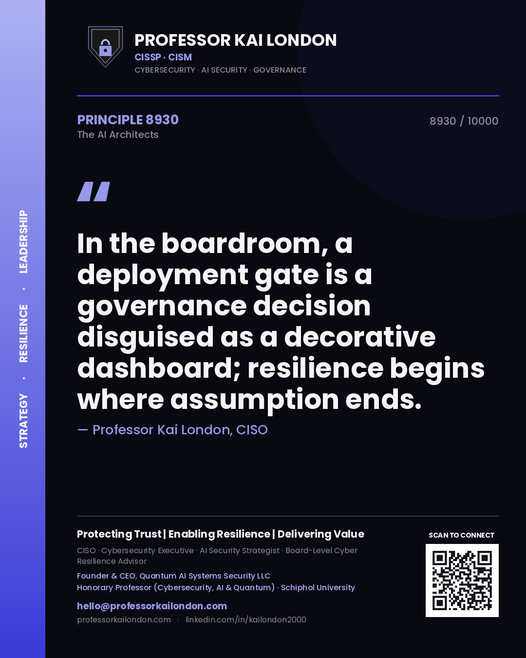 Quote card by Professor Kai London reading 'In the boardroom, a deployment gate is a governance decision disguised as a decorative dashboard; resilience begins where assumption ends.'. From the book The AI Architects.