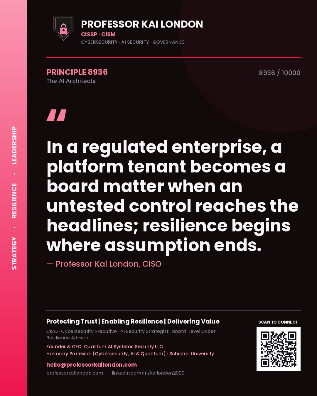 Professor Kai London principle 8936: In a regulated enterprise, a platform tenant becomes a board matter when an untested control reaches the headlines; resilience begins where assumption ends.
