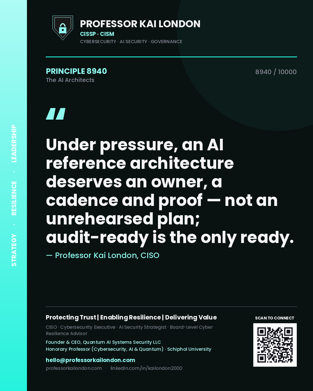 Quote card by Professor Kai London reading 'Under pressure, an AI reference architecture deserves an owner, a cadence and proof — not an unrehearsed plan; audit-ready is the only ready.'. From the book The AI Architects.