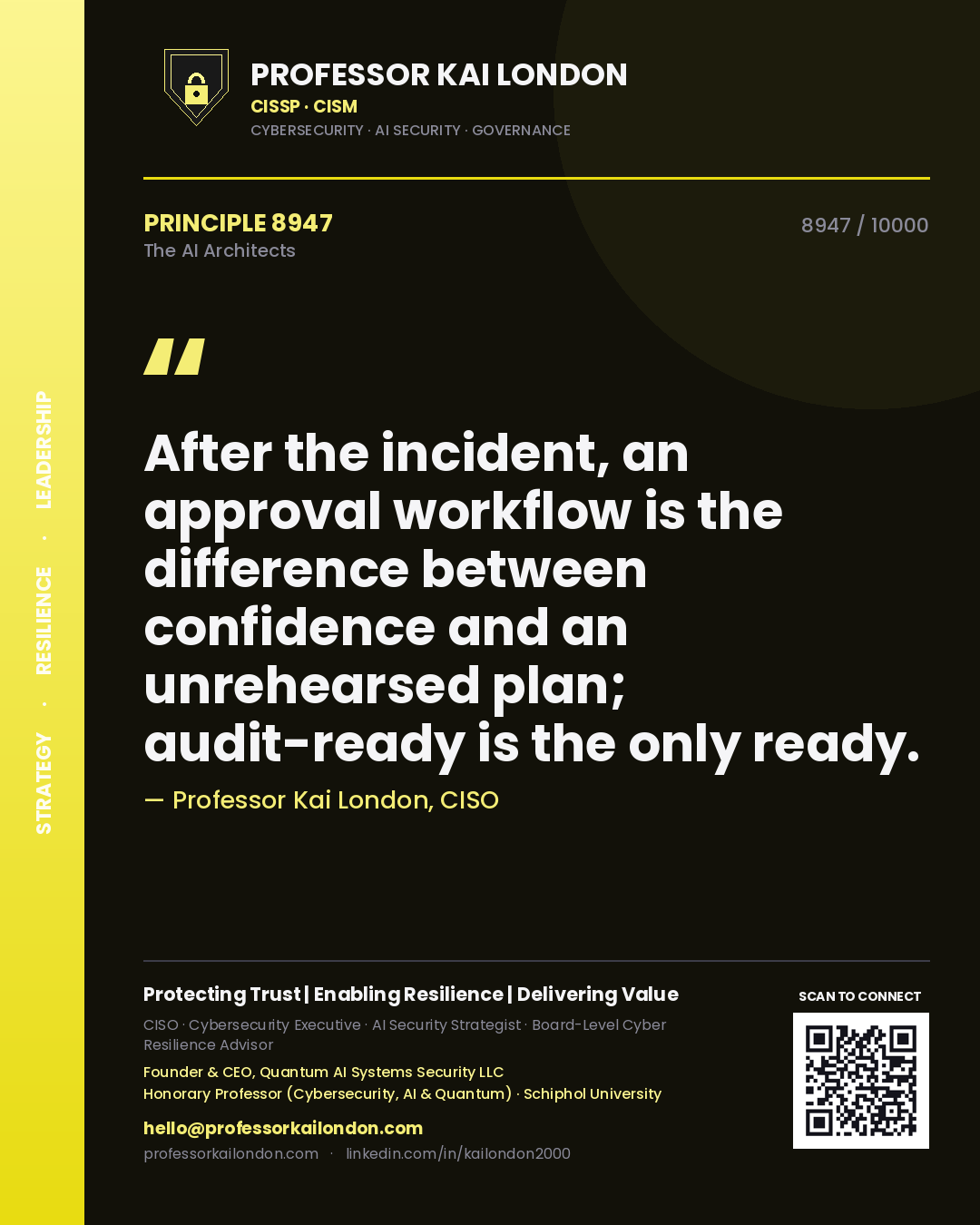 Quote card by Professor Kai London reading 'After the incident, an approval workflow is the difference between confidence and an unrehearsed plan; audit-ready is the only ready.'. From the book The AI Architects.
