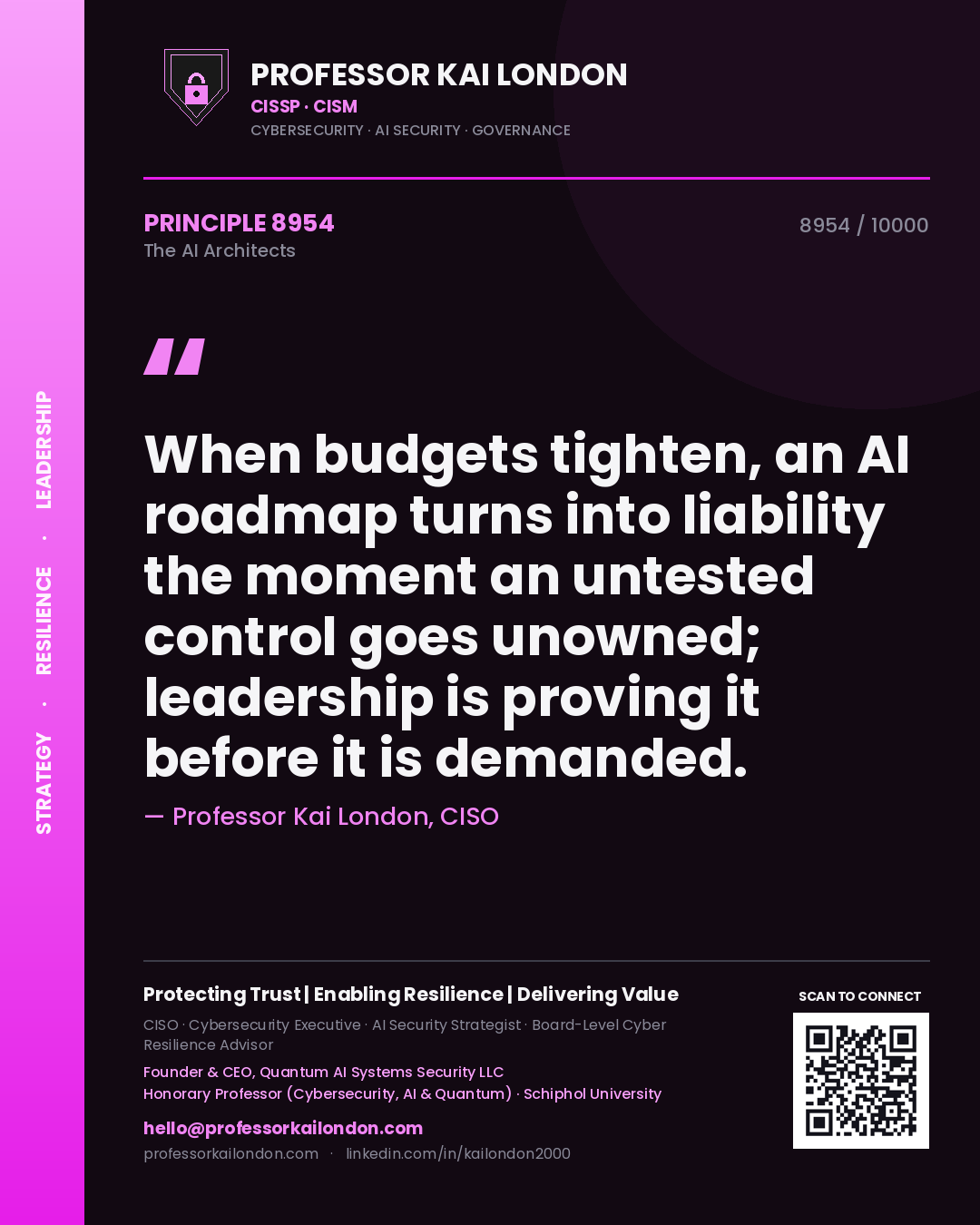 Quote card by Professor Kai London reading 'When budgets tighten, an AI roadmap turns into liability the moment an untested control goes unowned; leadership is proving it before it is demanded.'. From the book The AI Architects.