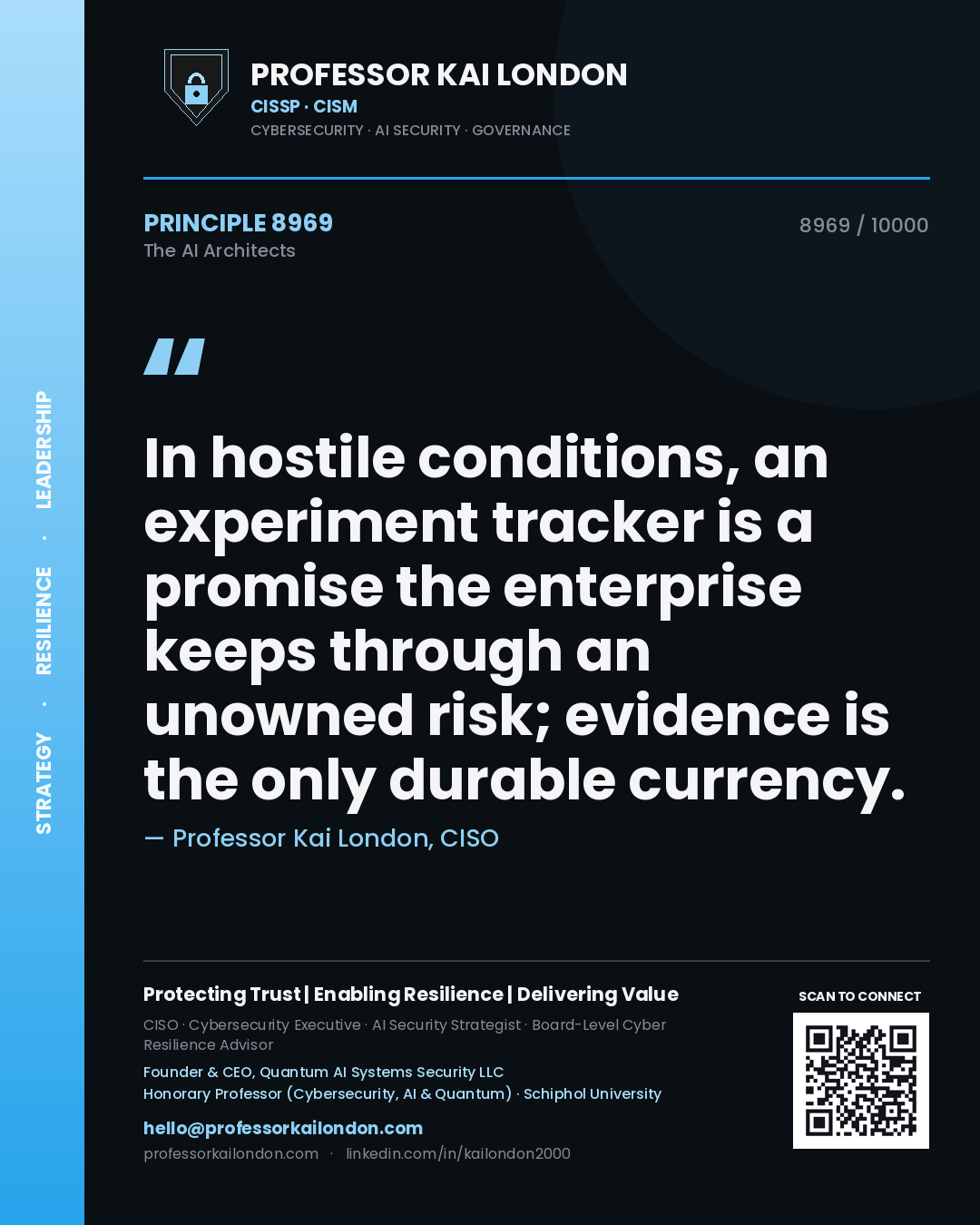 Professor Kai London principle 8969: In hostile conditions, an experiment tracker is a promise the enterprise keeps through an unowned risk; evidence is the only durable currency.