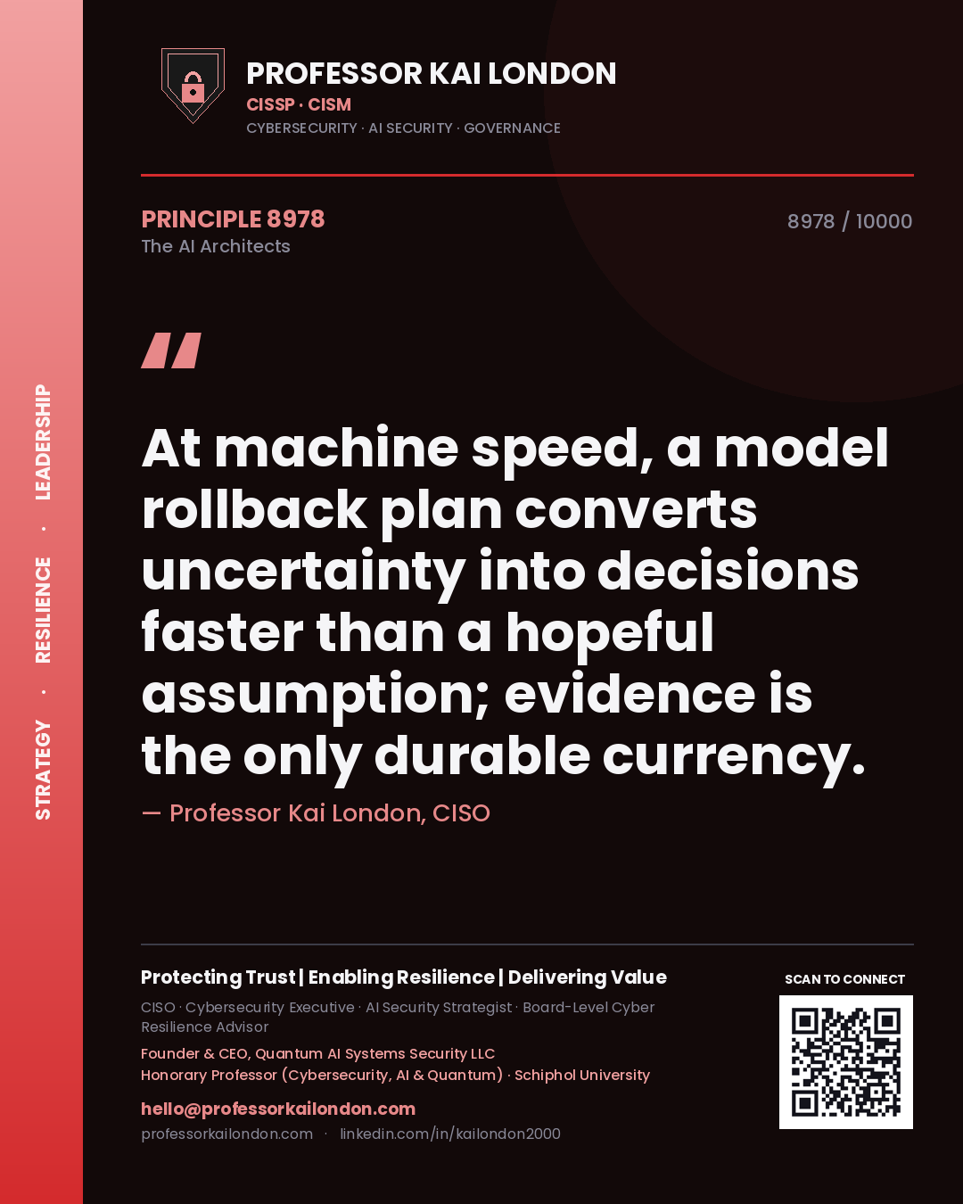 Quote card by Professor Kai London reading 'At machine speed, a model rollback plan converts uncertainty into decisions faster than a hopeful assumption; evidence is the only durable currency.'. From the book The AI Architects.