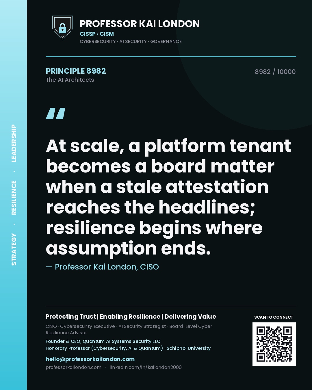 Quote card by Professor Kai London reading 'At scale, a platform tenant becomes a board matter when a stale attestation reaches the headlines; resilience begins where assumption ends.'. From the book The AI Architects.