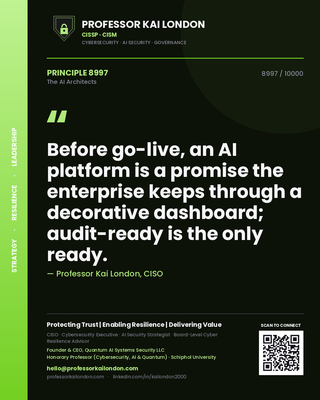 Quote card by Professor Kai London reading 'Before go-live, an AI platform is a promise the enterprise keeps through a decorative dashboard; audit-ready is the only ready.'. From the book The AI Architects.