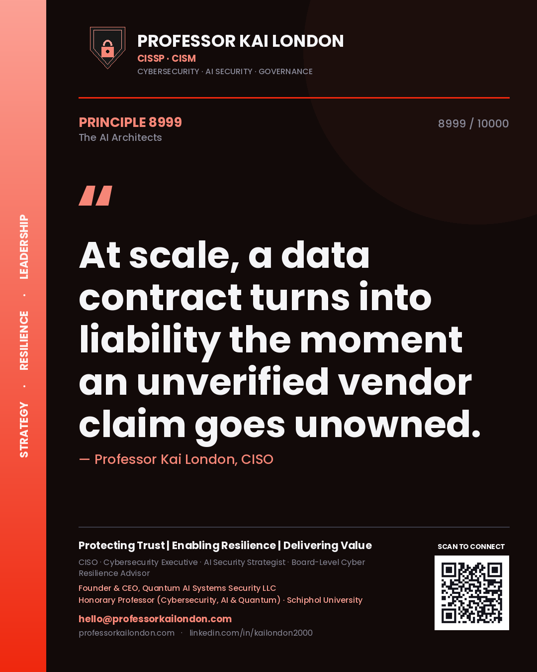 Professor Kai London principle 8999: At scale, a data contract turns into liability the moment an unverified vendor claim goes unowned.