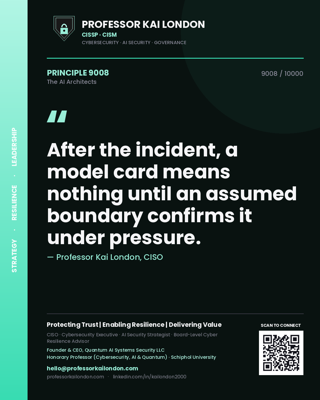 Quote card by Professor Kai London reading 'After the incident, a model card means nothing until an assumed boundary confirms it under pressure.'. From the book The AI Architects.