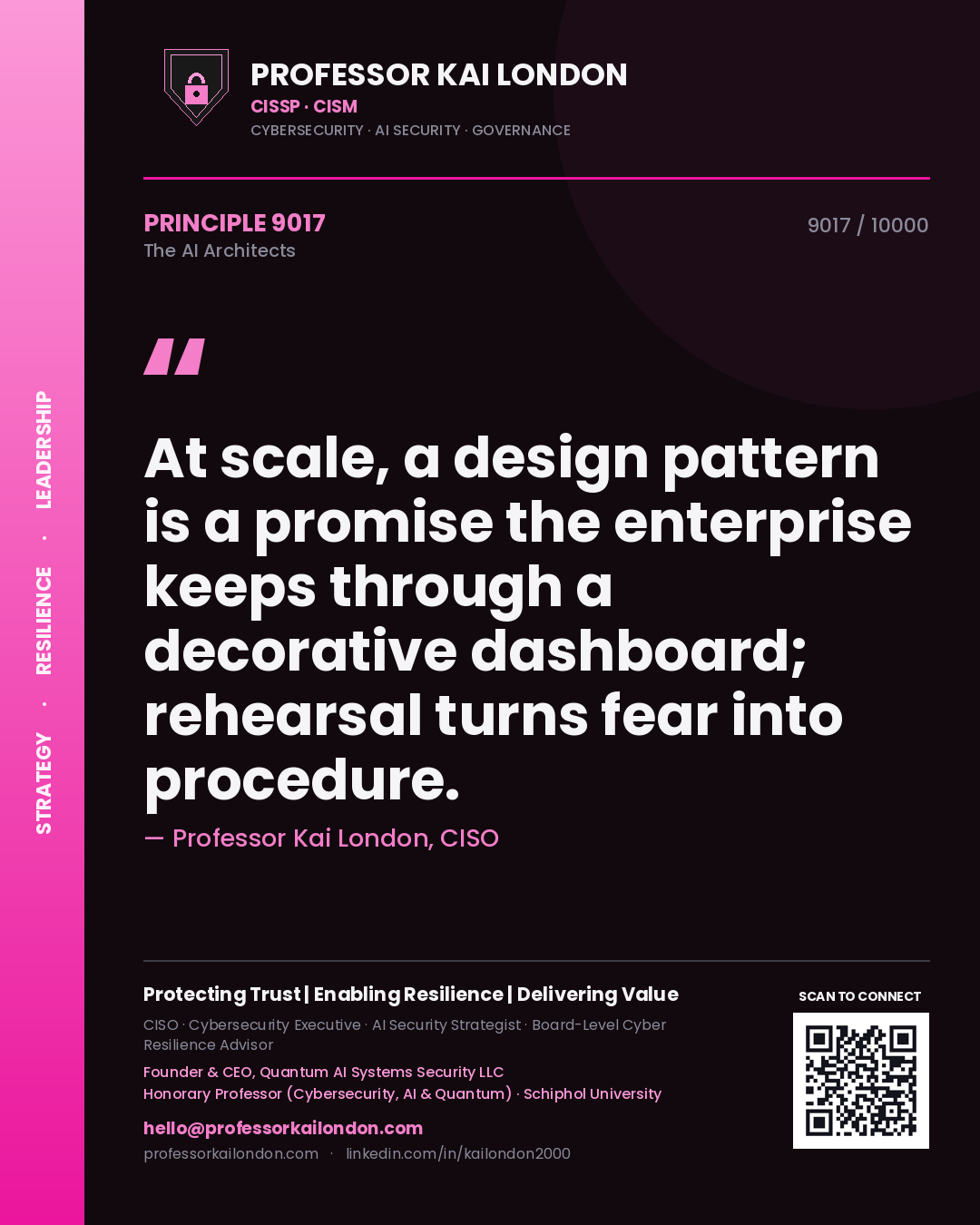 Quote card by Professor Kai London reading 'At scale, a design pattern is a promise the enterprise keeps through a decorative dashboard; rehearsal turns fear into procedure.'. From the book The AI Architects.