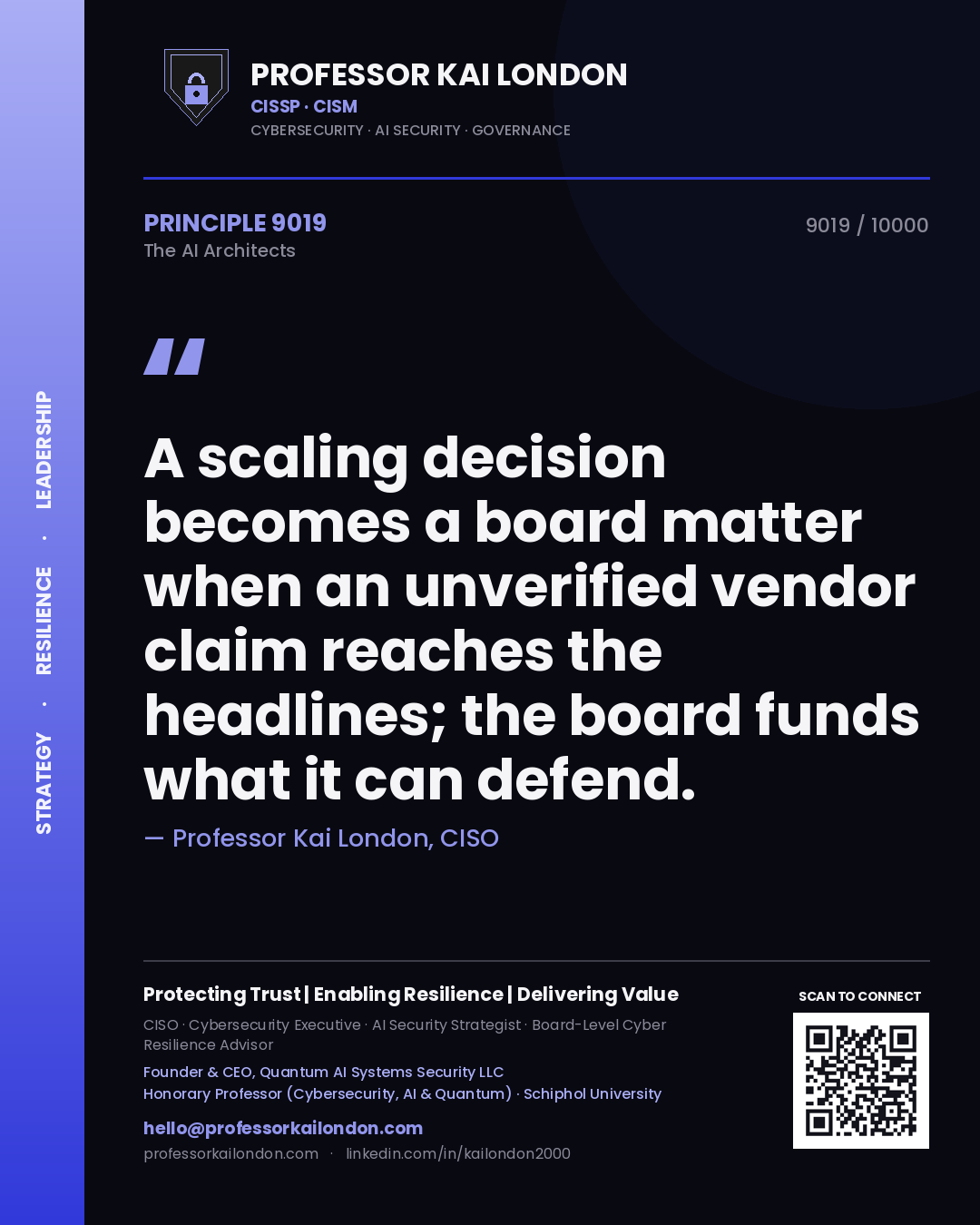 Professor Kai London principle 9019: A scaling decision becomes a board matter when an unverified vendor claim reaches the headlines; the board funds what it can defend.