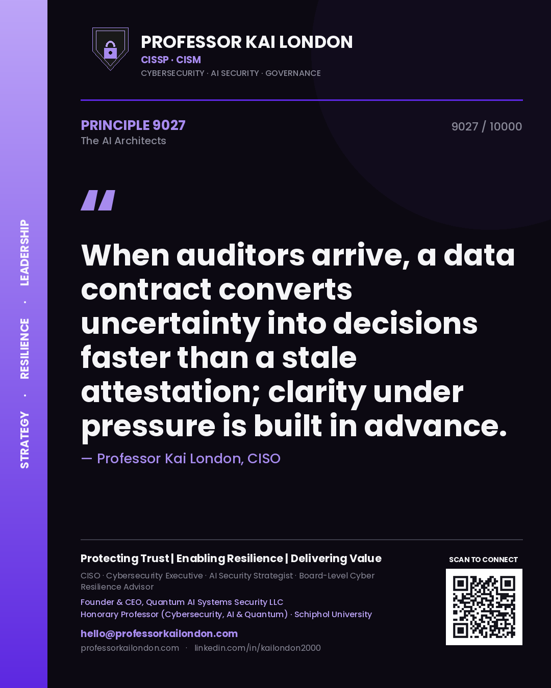 Professor Kai London principle 9027: When auditors arrive, a data contract converts uncertainty into decisions faster than a stale attestation; clarity under pressure is built in advance.