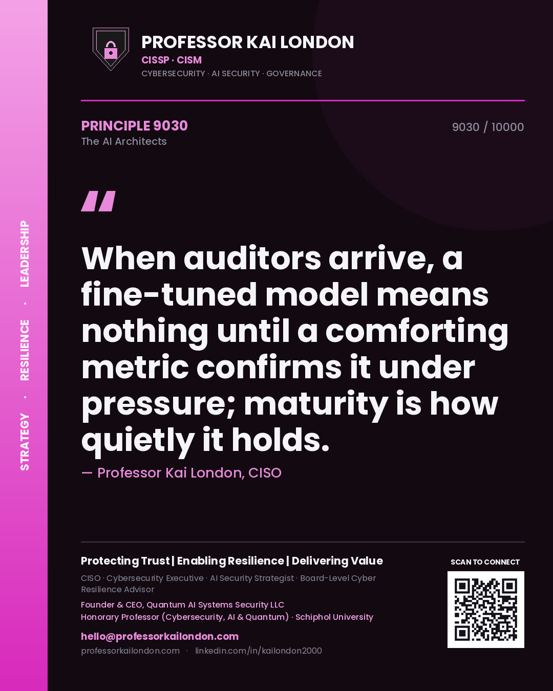 Quote card by Professor Kai London reading 'When auditors arrive, a fine-tuned model means nothing until a comforting metric confirms it under pressure; maturity is how quietly it holds.'. From the book The AI Architects.
