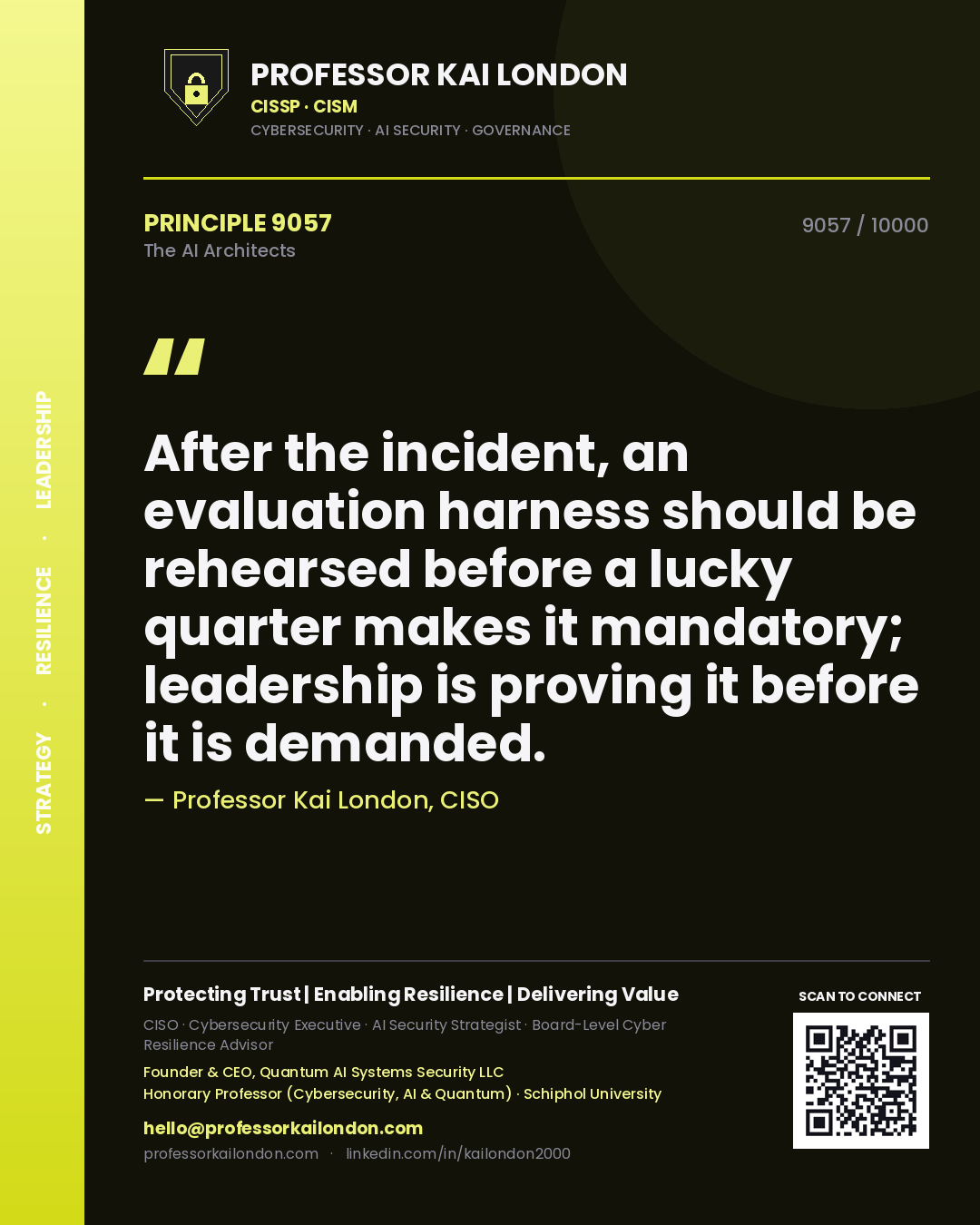 Quote card by Professor Kai London reading 'After the incident, an evaluation harness should be rehearsed before a lucky quarter makes it mandatory; leadership is proving it before it is demanded.'. From the book The AI Architects.