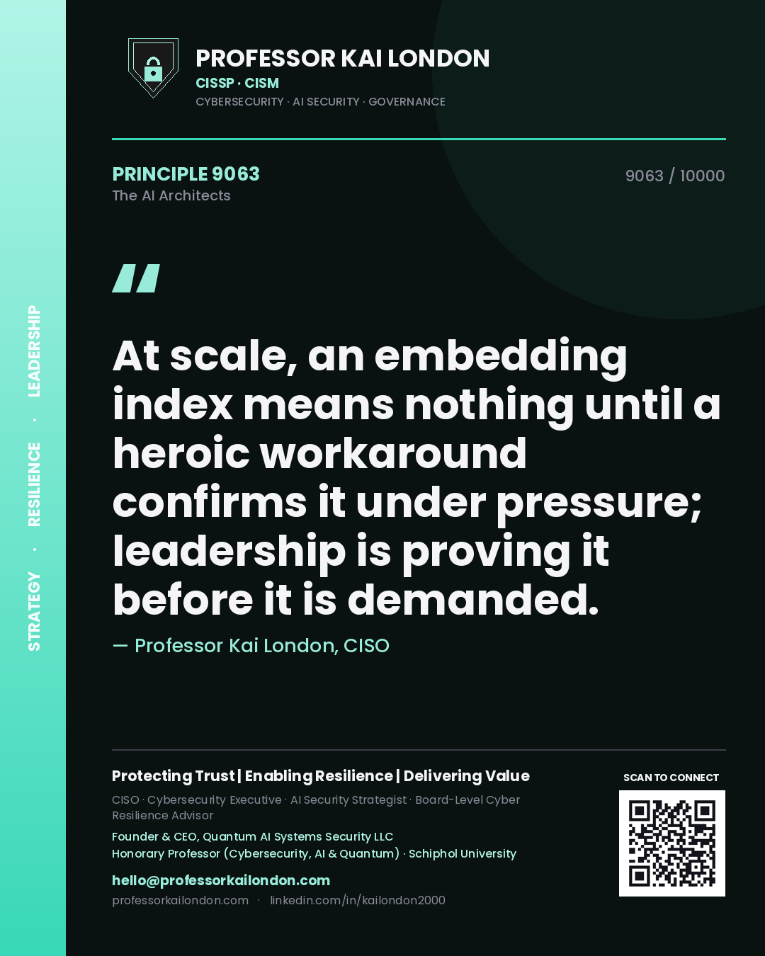 Professor Kai London principle 9063: At scale, an embedding index means nothing until a heroic workaround confirms it under pressure; leadership is proving it before it is demanded.