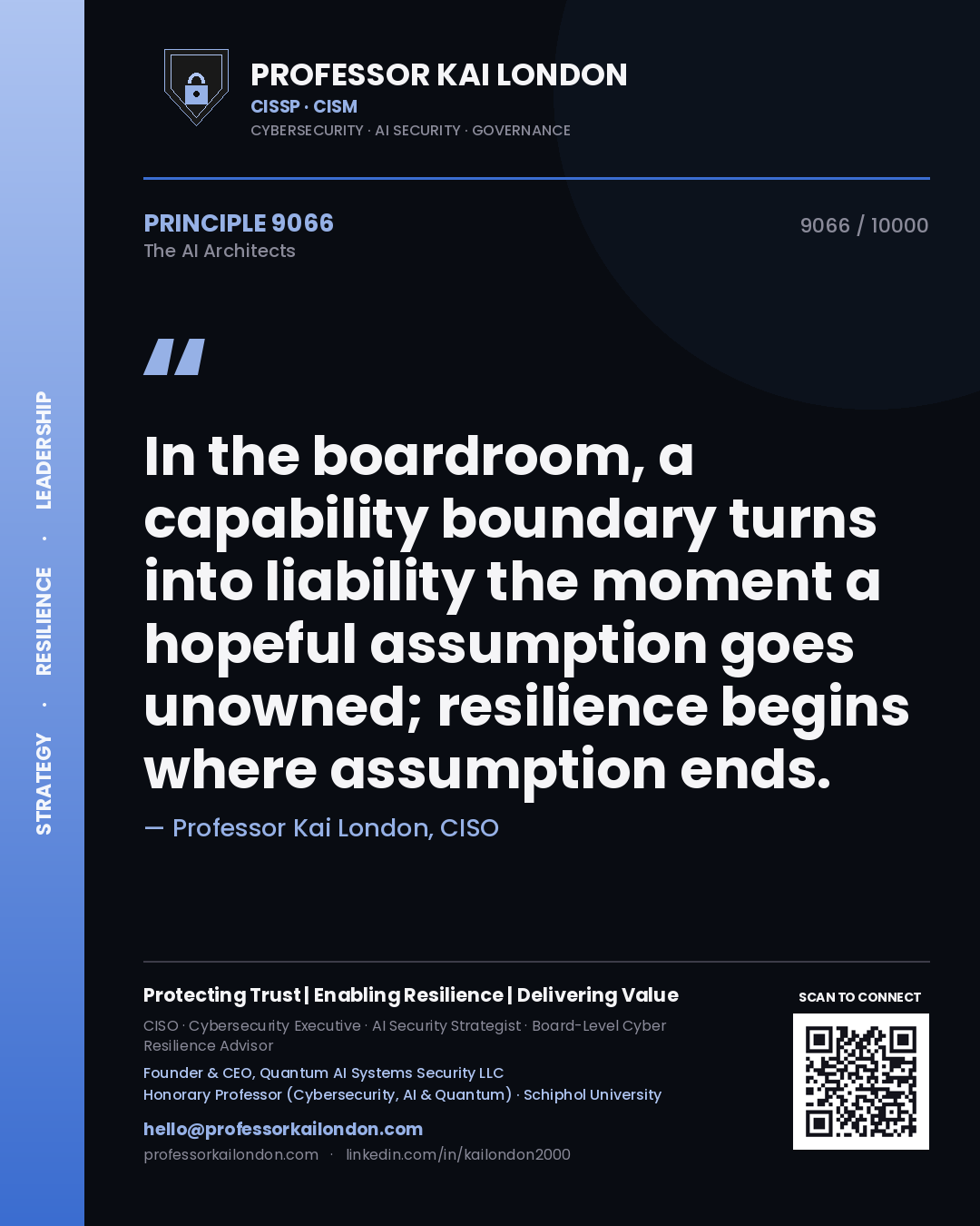 Quote card by Professor Kai London reading 'In the boardroom, a capability boundary turns into liability the moment a hopeful assumption goes unowned; resilience begins where assumption ends.'. From the book The AI Architects.
