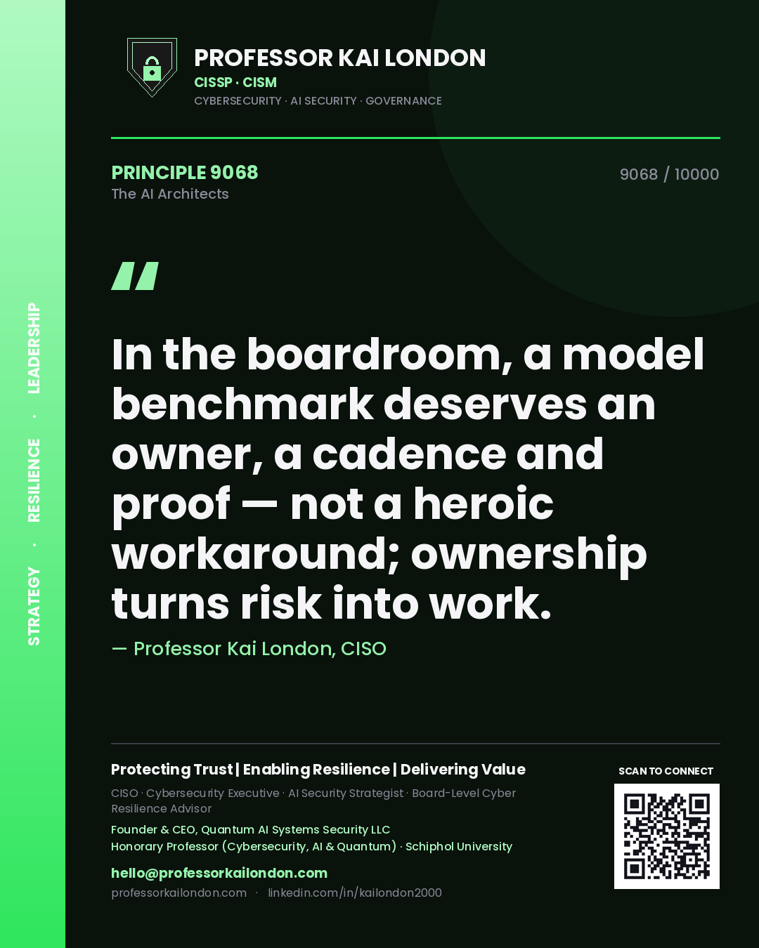 Quote card by Professor Kai London reading 'In the boardroom, a model benchmark deserves an owner, a cadence and proof — not a heroic workaround; ownership turns risk into work.'. From the book The AI Architects.