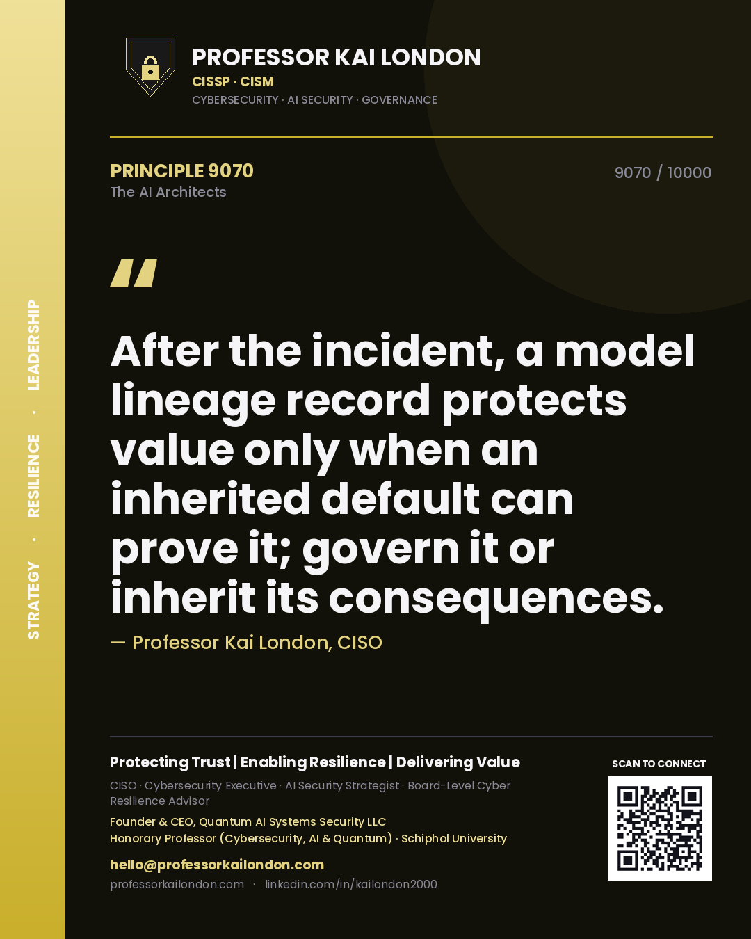 Quote card by Professor Kai London reading 'After the incident, a model lineage record protects value only when an inherited default can prove it; govern it or inherit its consequences.'. From the book The AI Architects.
