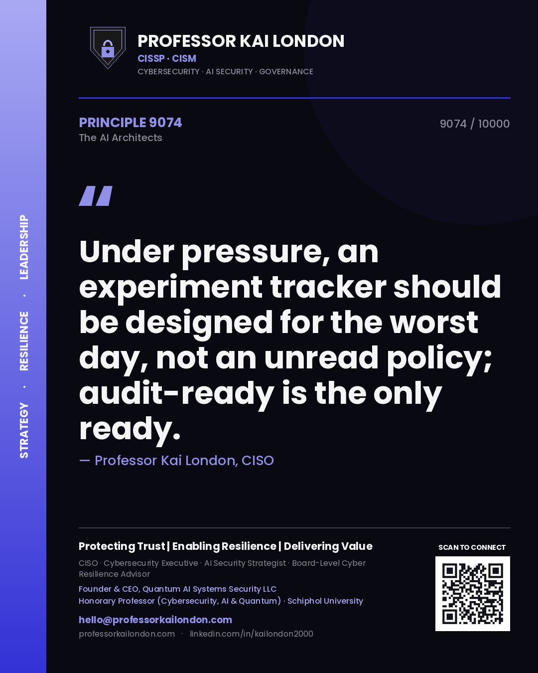 Quote card by Professor Kai London reading 'Under pressure, an experiment tracker should be designed for the worst day, not an unread policy; audit-ready is the only ready.'. From the book The AI Architects.