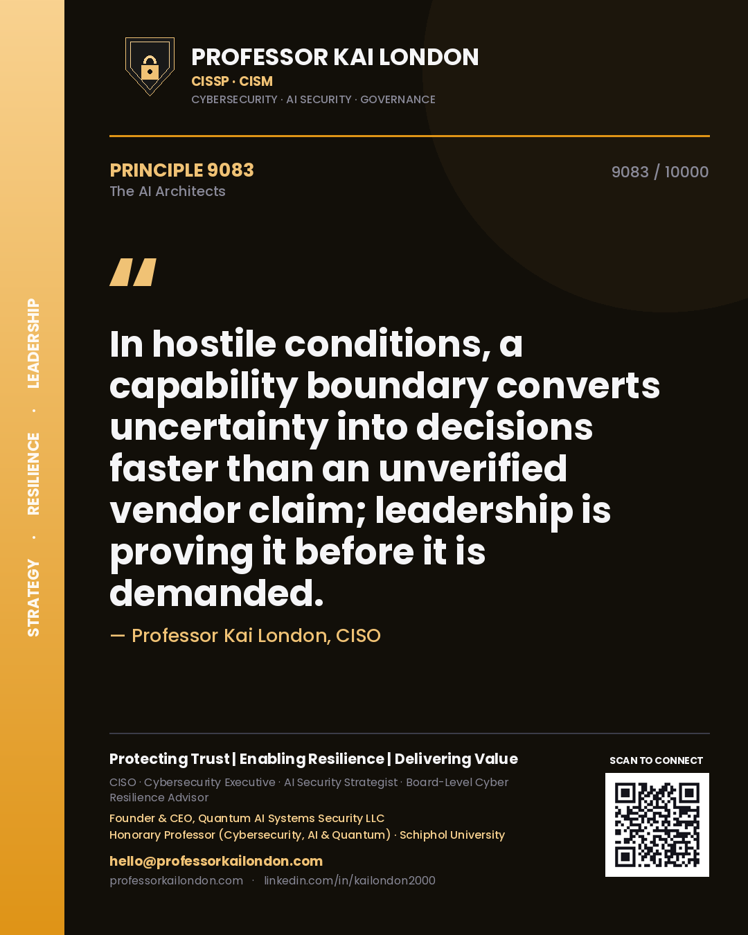 Quote card by Professor Kai London reading 'In hostile conditions, a capability boundary converts uncertainty into decisions faster than an unverified vendor claim; leadership is proving it before it is demanded.'. From the book The AI Architects.