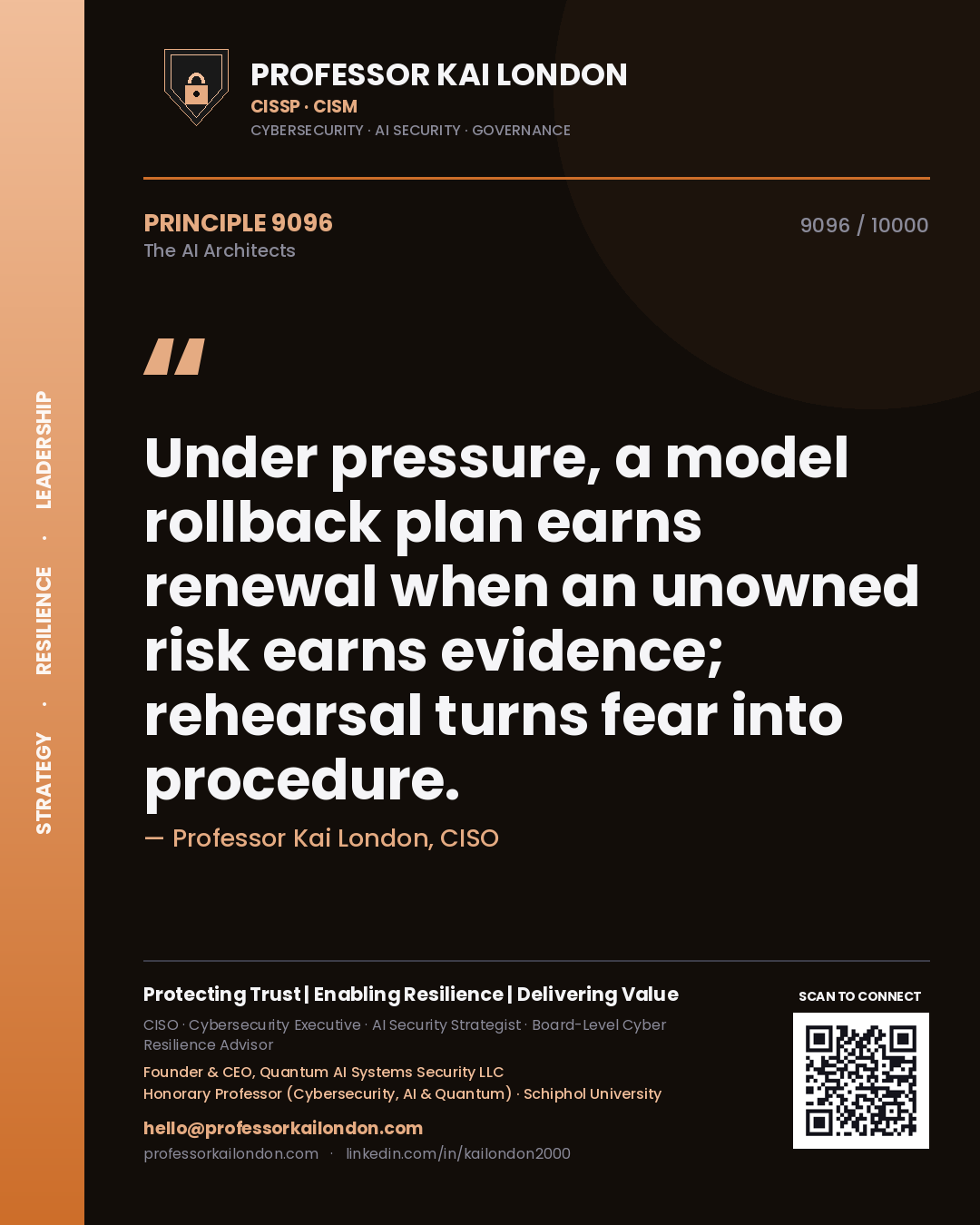 Professor Kai London principle 9096: Under pressure, a model rollback plan earns renewal when an unowned risk earns evidence; rehearsal turns fear into procedure.