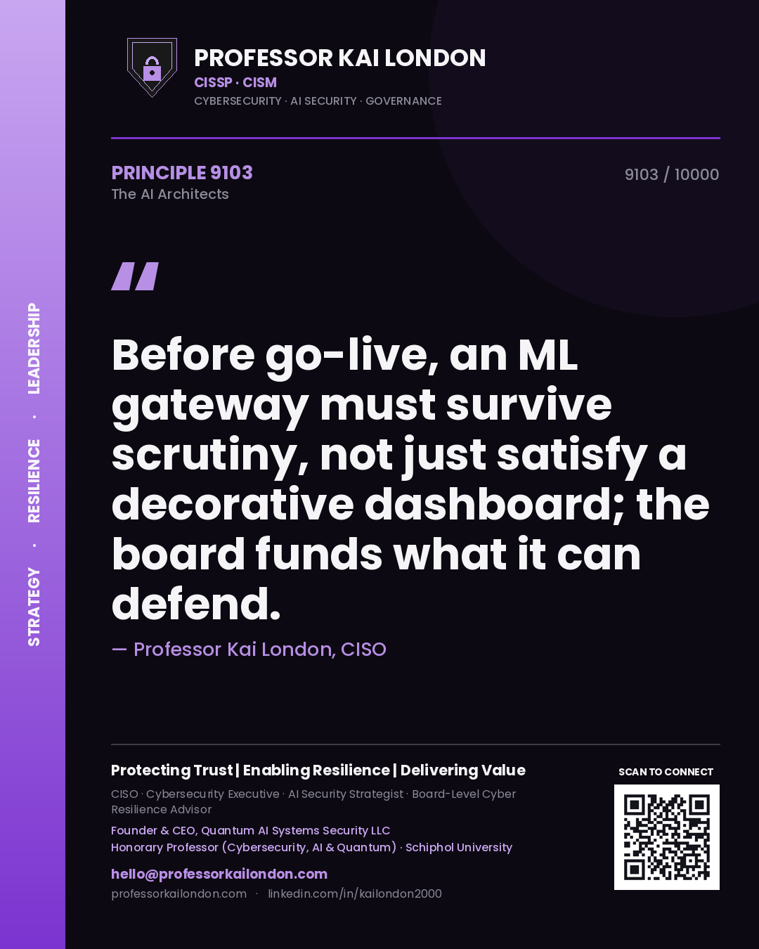 Professor Kai London principle 9103: Before go-live, an ML gateway must survive scrutiny, not just satisfy a decorative dashboard; the board funds what it can defend.