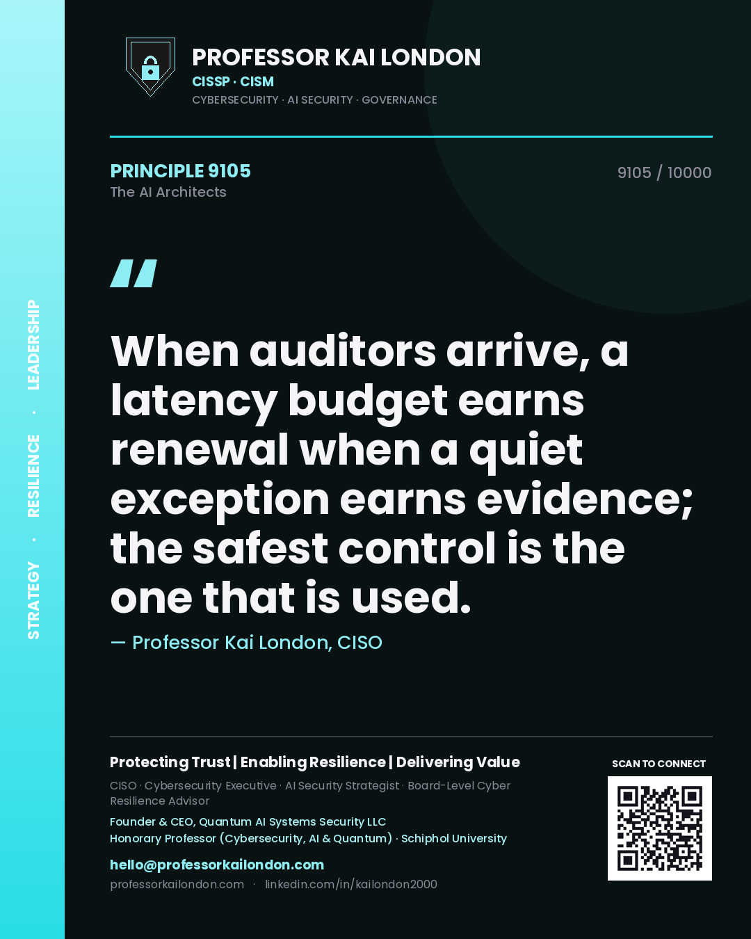 Professor Kai London principle 9105: When auditors arrive, a latency budget earns renewal when a quiet exception earns evidence; the safest control is the one that is used.