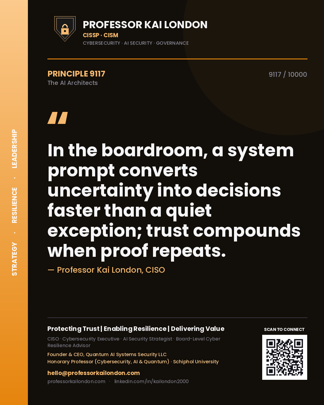 Professor Kai London principle 9117: In the boardroom, a system prompt converts uncertainty into decisions faster than a quiet exception; trust compounds when proof repeats.