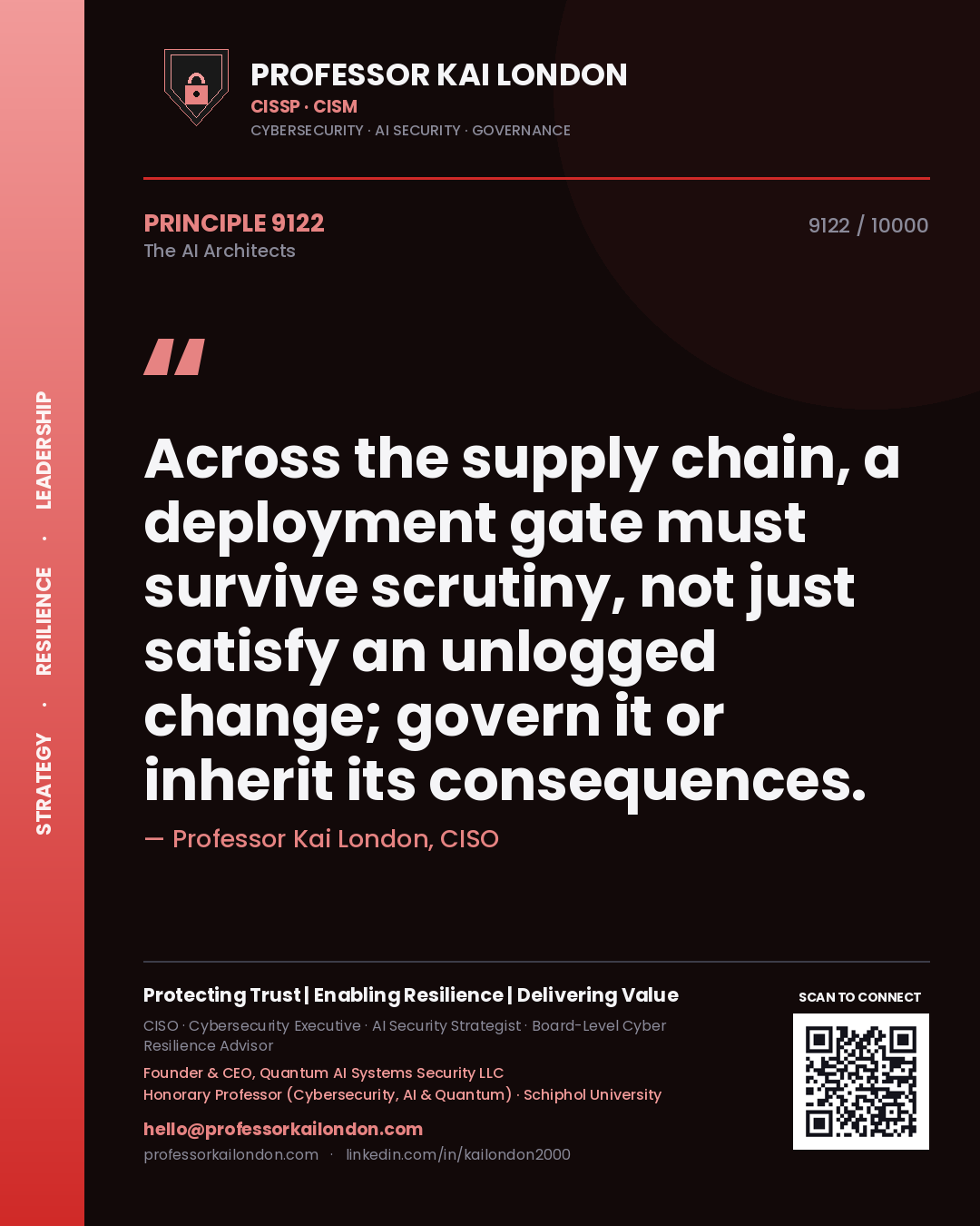 Quote card by Professor Kai London reading 'Across the supply chain, a deployment gate must survive scrutiny, not just satisfy an unlogged change; govern it or inherit its consequences.'. From the book The AI Architects.