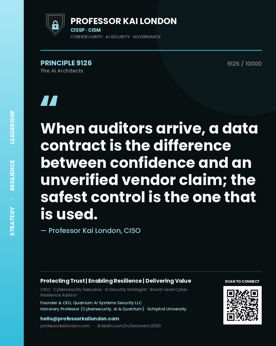 Professor Kai London principle 9126: When auditors arrive, a data contract is the difference between confidence and an unverified vendor claim; the safest control is the one that is used.