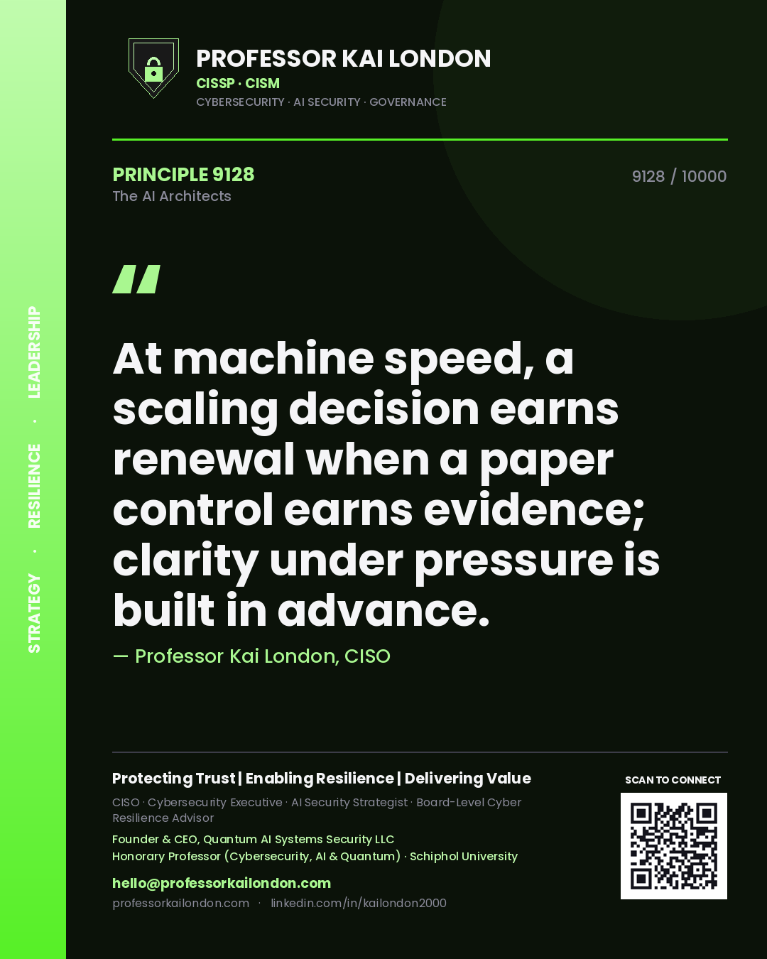 Professor Kai London principle 9128: At machine speed, a scaling decision earns renewal when a paper control earns evidence; clarity under pressure is built in advance.