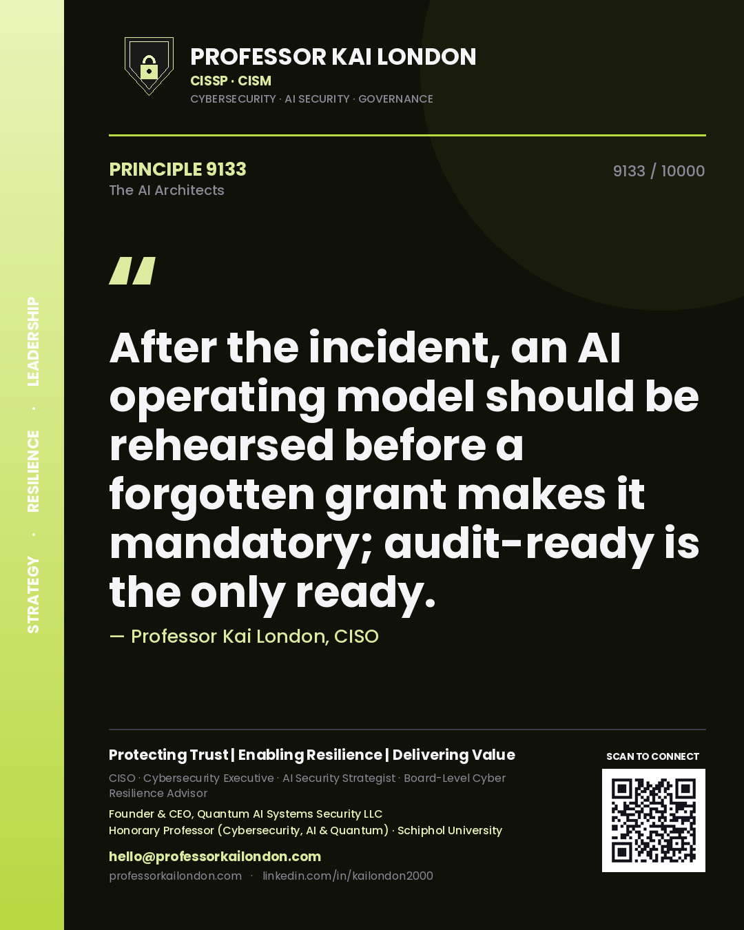 Quote card by Professor Kai London reading 'After the incident, an AI operating model should be rehearsed before a forgotten grant makes it mandatory; audit-ready is the only ready.'. From the book The AI Architects.